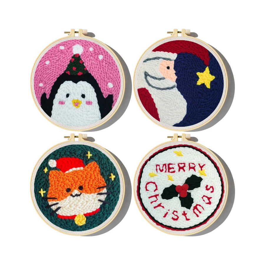Embroidery Xmas Kits - 糸付きクリスマスパンチ針キット,初心者向け,日曜大工,針仕事,ウール,クリスマスギフト,家の装飾