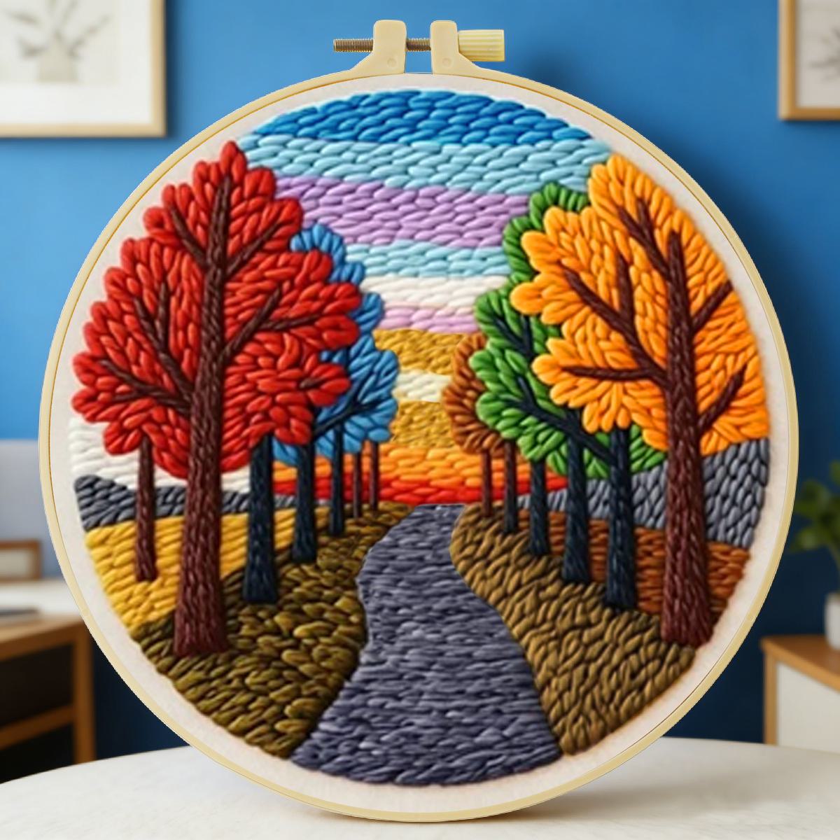 Printed Embroidery Kit - 20X20CM/7.87インチ 風景画 パンチニードル刺繍セットキット ステッチ刺繍 ニット刺繍 DIY