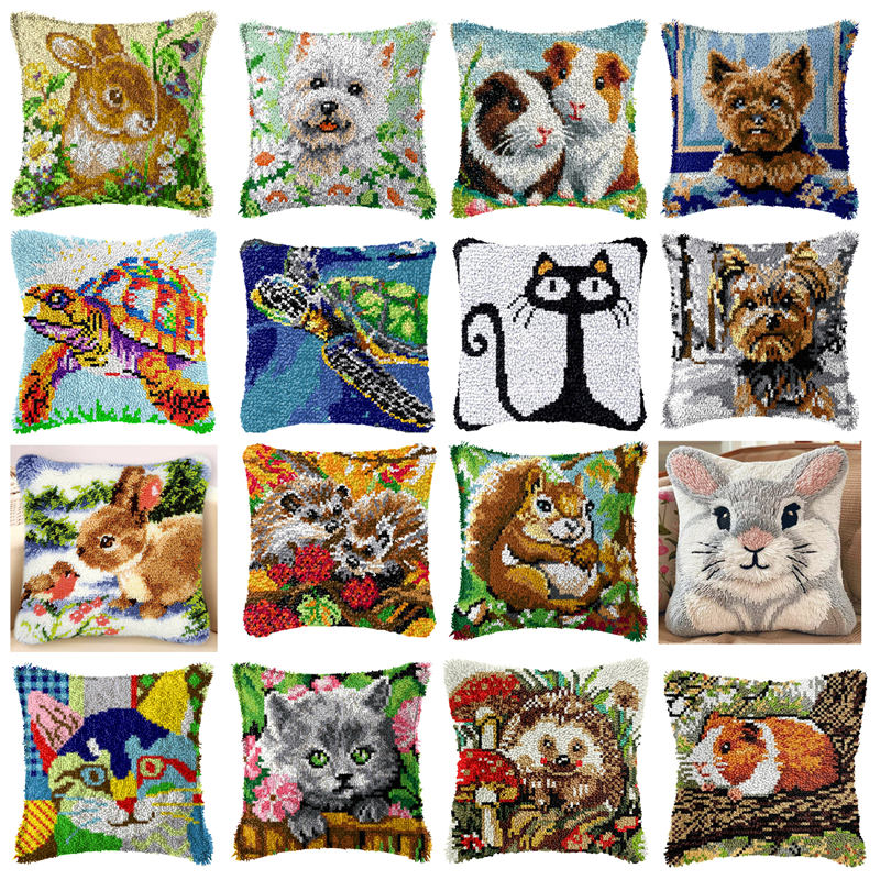 Printed Embroidery Kit - DIY ウサギ猫ラッチフック敷物キット Smyrna 枕カバーノット枕パッケージ犬ラッチフックセット針仕事刺繍クッションカバー