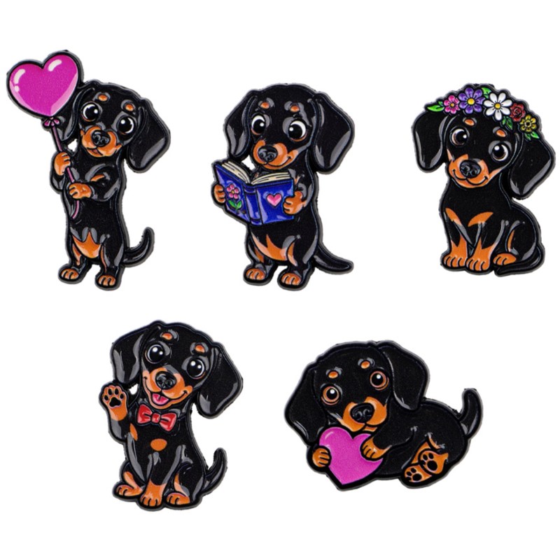 Embroidery Wallpaper - 5 個のかわいいダックスフントエナメルピンセットハートフラワーブックボウ犬漫画ブローチバックパック帽子服アクセサリー動物愛好家のギフト