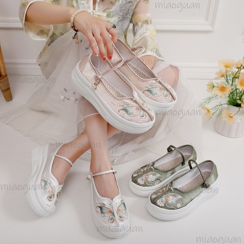 Embroidery Fabric - 女性の中国風の刺繍入りプラットフォームメリージェーンズバタフライ厚底シューズアンクルストラップ快適なカジュアルエスニックスニーカー