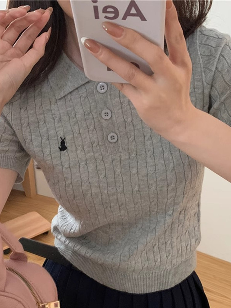 Embroidery Unique Design - ユニークなポロ襟Tシャツレディース美しいニット半袖夏刺繍デザイントップスリムフィット韓国風通勤風
