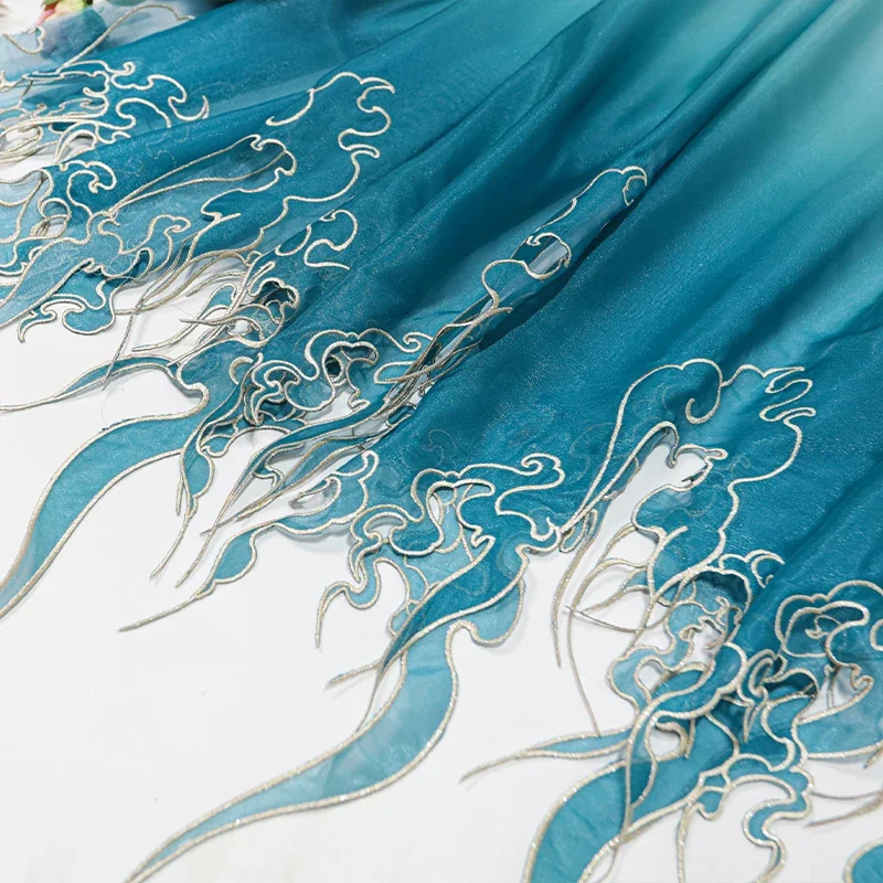 Embroidery Skirt - 中国風刺繍蓮の葉グラデーション生地 DIY 漢服ドレススカートステージ衣装結婚式の服装デザイナー縫製布