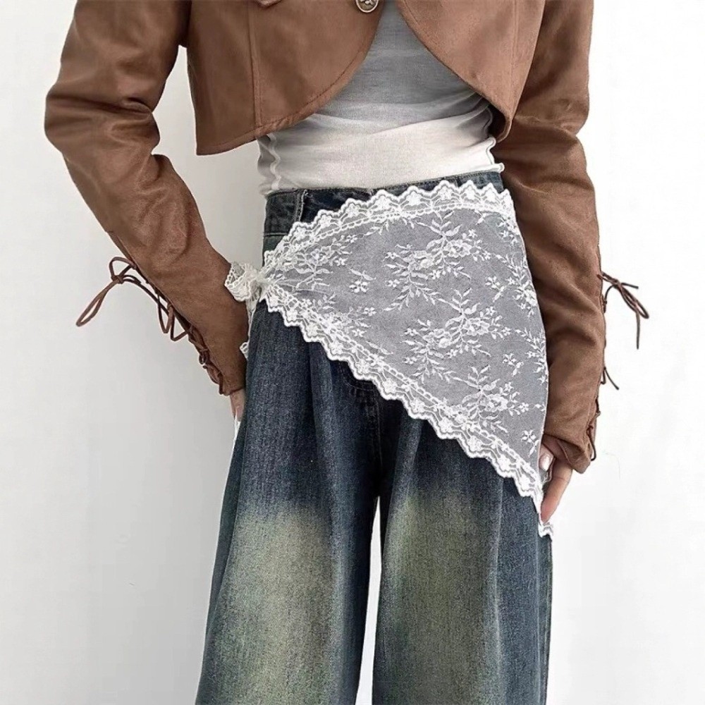 Embroidery Skirt - 原宿 Y2K 三角エプロン刺繍韓国風レースハーフスカートハイウエストフラワーアウターミニスカートストリートウェア