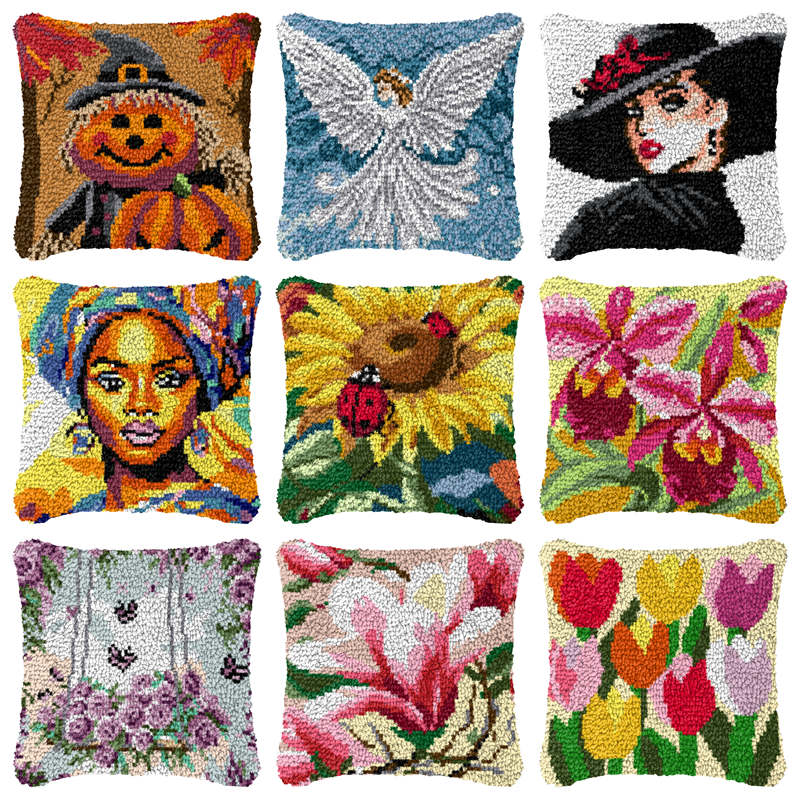 Printed Embroidery Kit - 花柄漫画ラッチフック枕 スミルナパッケージフック 編み込み刺繍カーペット枕 刺繍ラッチフックキット 編み物キット