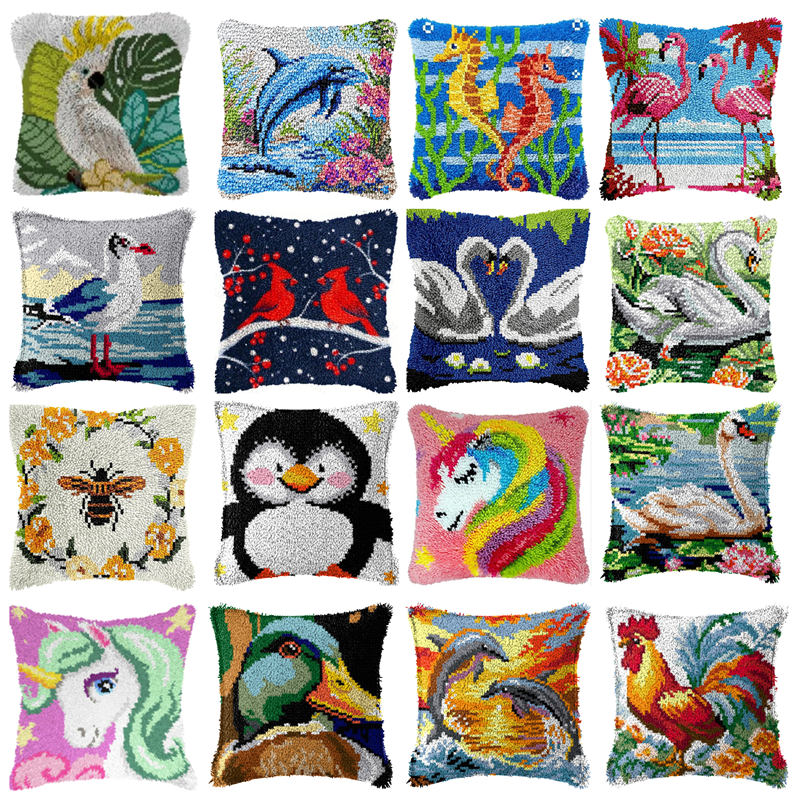 Printed Embroidery Kit - DIY 鳥ユニコーン枕手芸ウールラッチフックキットクロスステッチ動物刺繍クッションカバーセグメント材料パッケージ