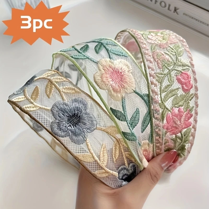 Embroidery Hooping - 1/3 個エレガントなシフォン刺繍フラワーヘアバンド – 甘い花ヘッドバンドターバンフープ女性ファッションヘアアクセサリー