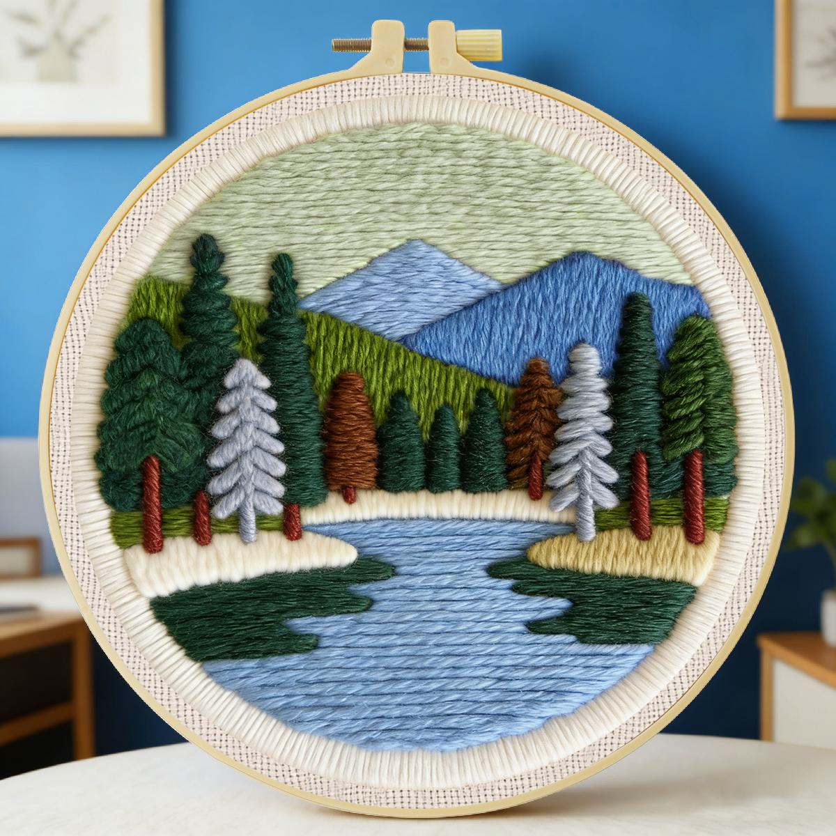 Printed Embroidery Kit - 20X20CM/7.87インチ 風景画 パンチニードル刺繍セットキット ステッチ刺繍 ニット刺繍 DIY