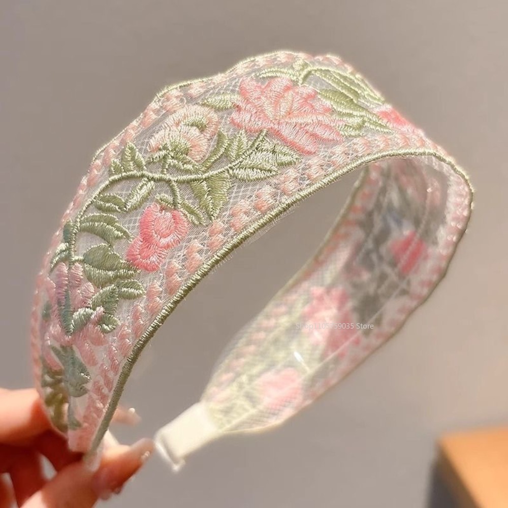 Embroidery Hooping - 春のレース刺繍花柄ヘッドバンド新しいエレガントなシフォンつば広ガールレース帽子ヘアフープバンドアクセサリー