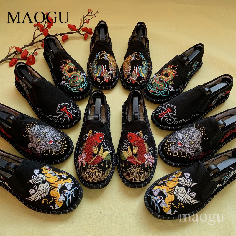 Embroidery Fabric - ユニセックス中国風刺繍スリッポンシューズ、龍虎柄ステッチソールフラットローファー、伝統的なカジュアルメンズ・レディースシューズ