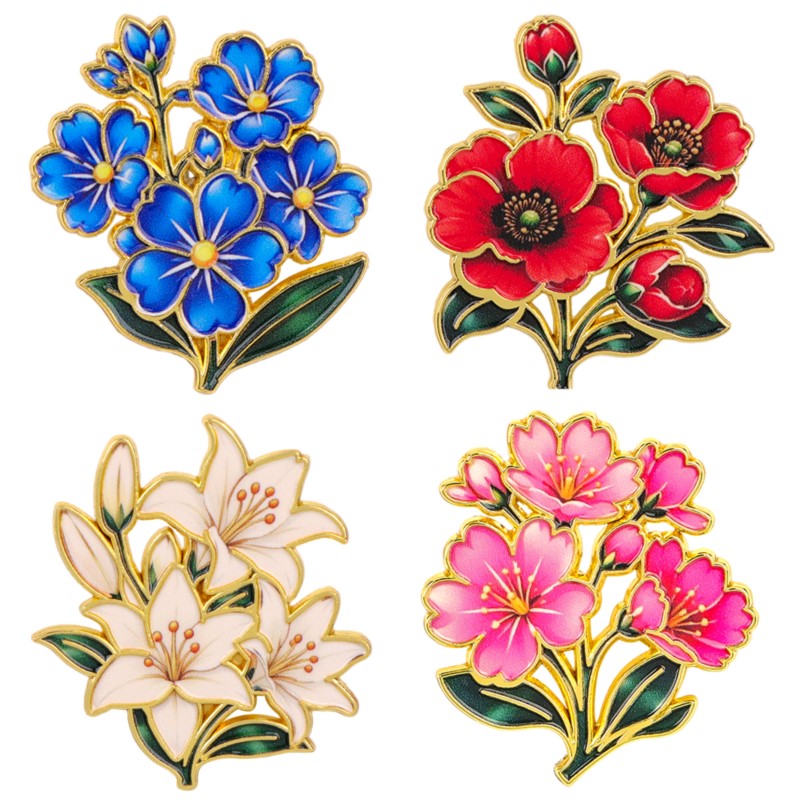 Embroidery Wallpaper - かわいいヴィンテージカラフルな花柄エナメルピンユリチェリーポピーブルーフラワーリーフブローチバックパック帽子服植物愛好家毎日のギフト