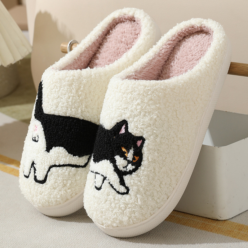 Embroidery Fabric - 冬用プラッシュキュートダックスフンド刺繍ホームスリッパ レディース 室内用 静音 暖かい 滑り止め