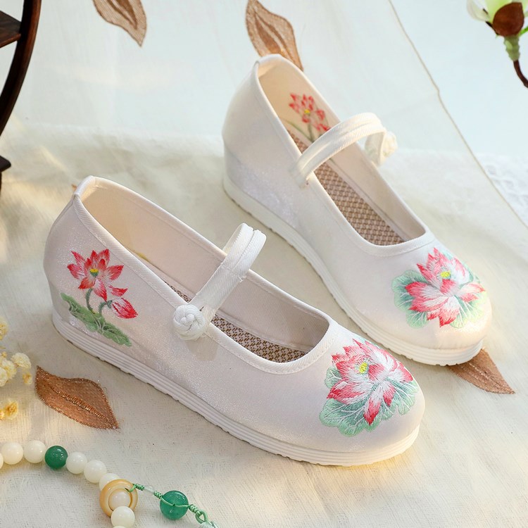2026 女性用白と緑の蓮の刺繍ウェッジヒールメリージェーン - Embroidery Fabric のレビューと価格
