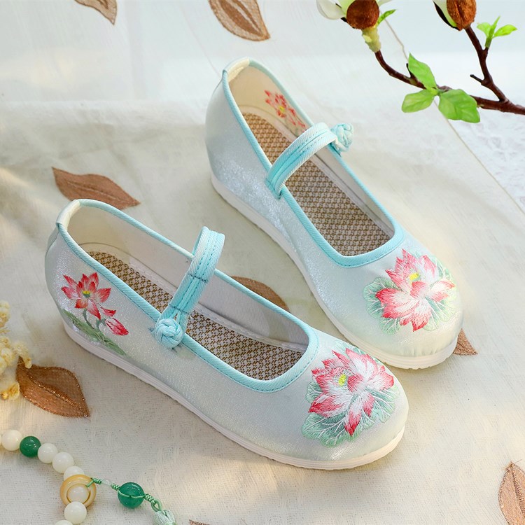 2026 女性用白と緑の蓮の刺繍ウェッジヒールメリージェーン - Embroidery Fabric のレビューと価格