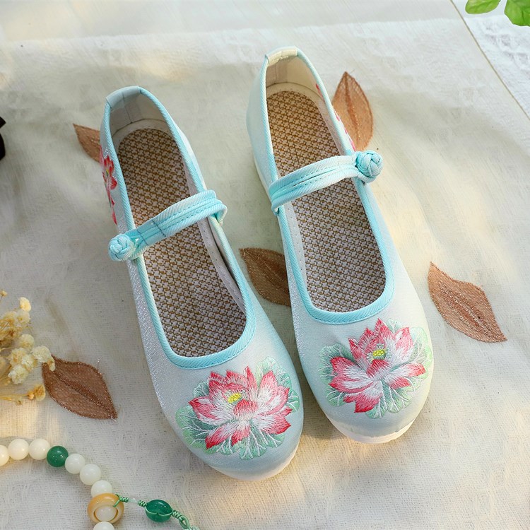 2026 女性用白と緑の蓮の刺繍ウェッジヒールメリージェーン - Embroidery Fabric のレビューと価格