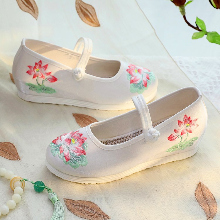 2026 女性用白と緑の蓮の刺繍ウェッジヒールメリージェーン - Embroidery Fabric のレビューと価格