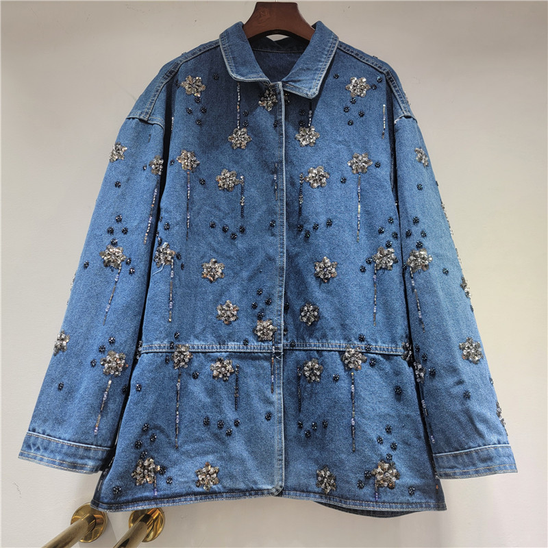 SuperAen 刺繍入りフレアフラワーポロカラーデニムジャ - Embroidery Flower Pattern のレビューと価格
