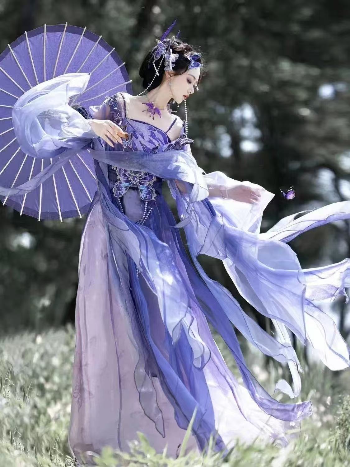 オリジナル中国紫漢服女性の魏晋時代刺繍蝶ヘジスカートニッチハ - Embroidery Skirt のレビューと価格