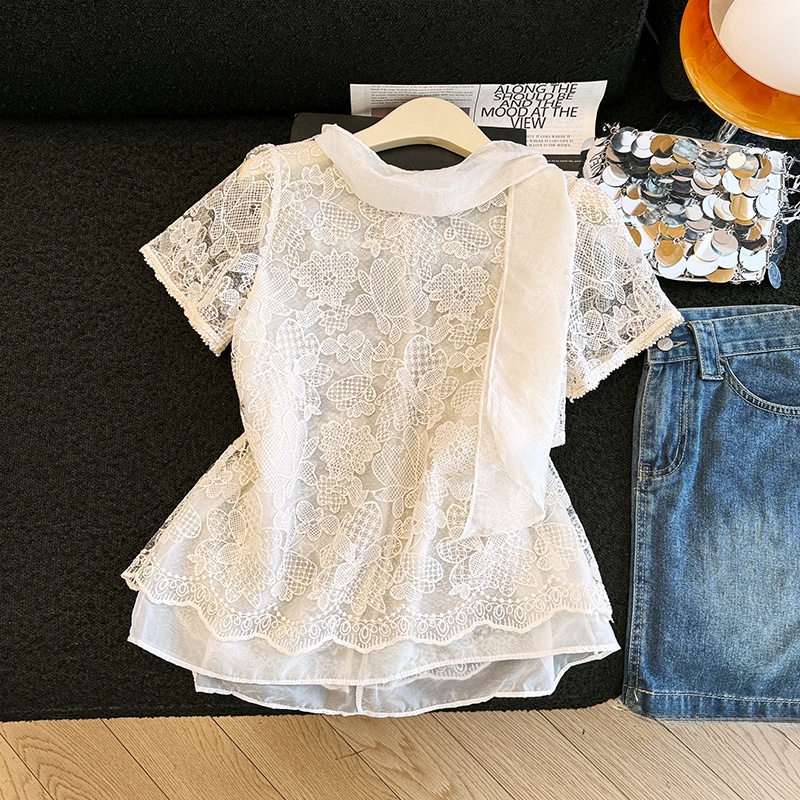 エレガントなレースシャツ、透かし彫りの重厚な刺繍、半袖、レデ - Embroidery Unique Design のレビューと価格