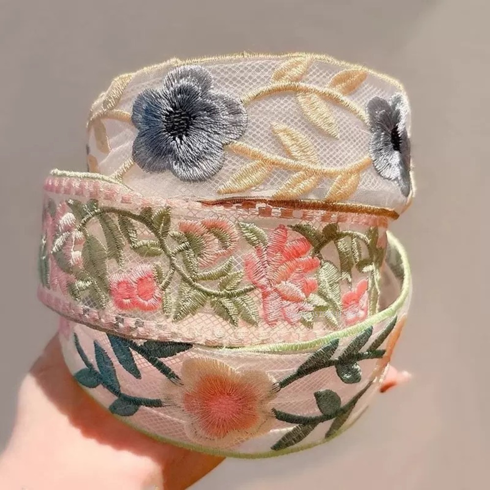 春のレース刺繍花柄ヘッドバンド新しいエレガントなシフォンつば - Embroidery Hooping のレビューと価格
