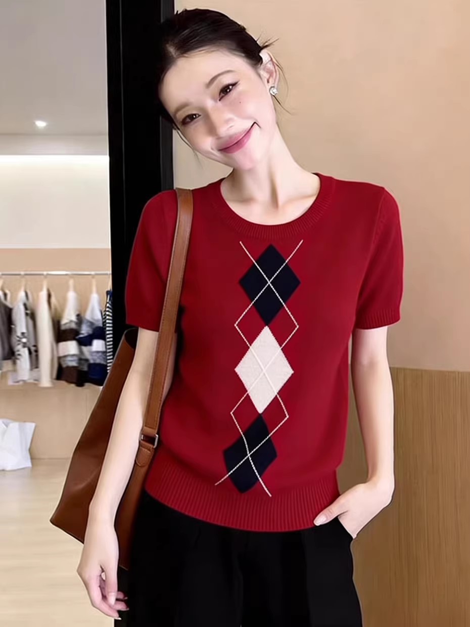 ユニークなデザインのブルーニットラウンドネック半袖レディース - Embroidery Unique Design のレビューと価格