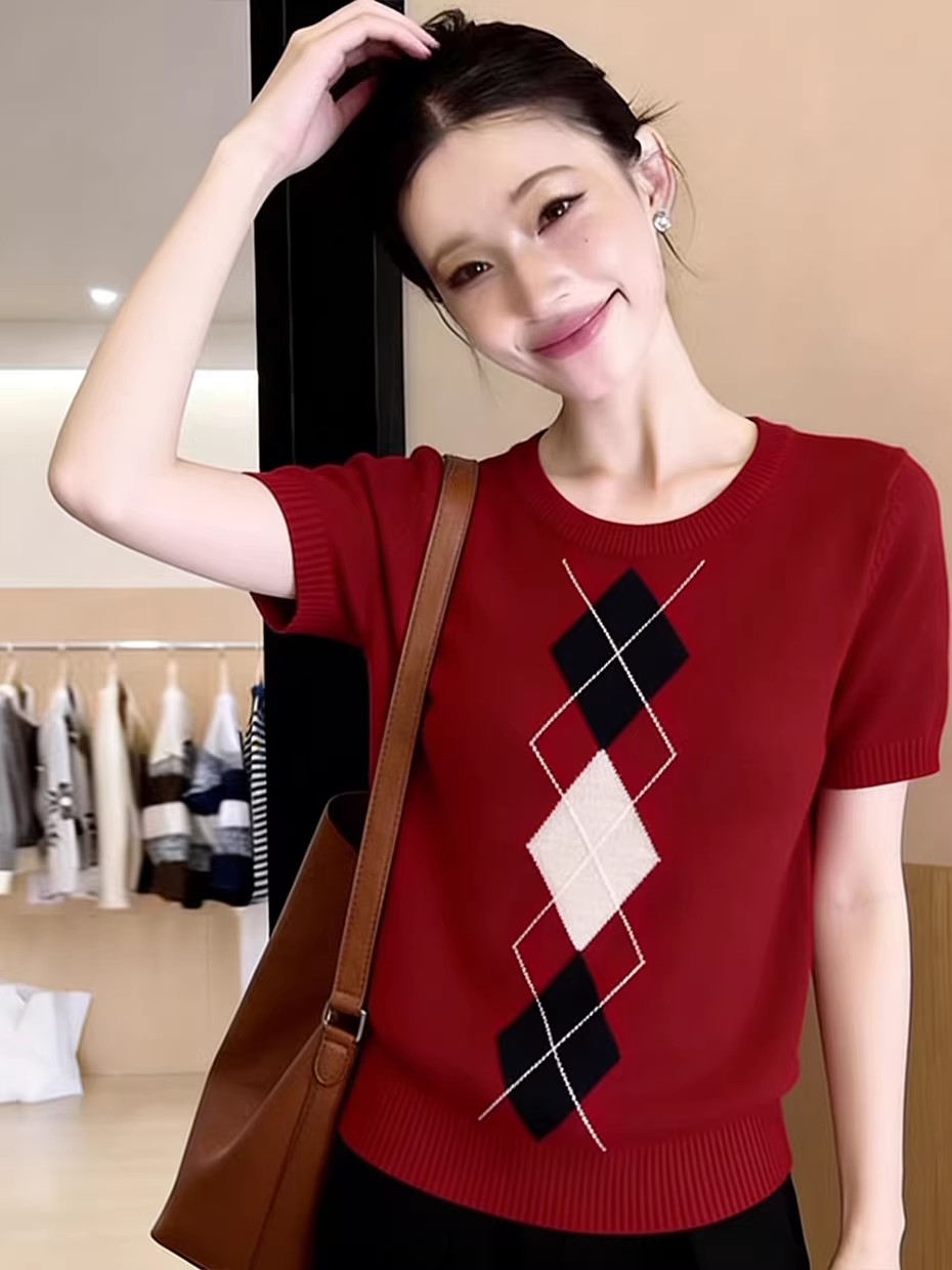 ユニークなデザインのブルーニットラウンドネック半袖レディース - Embroidery Unique Design のレビューと価格